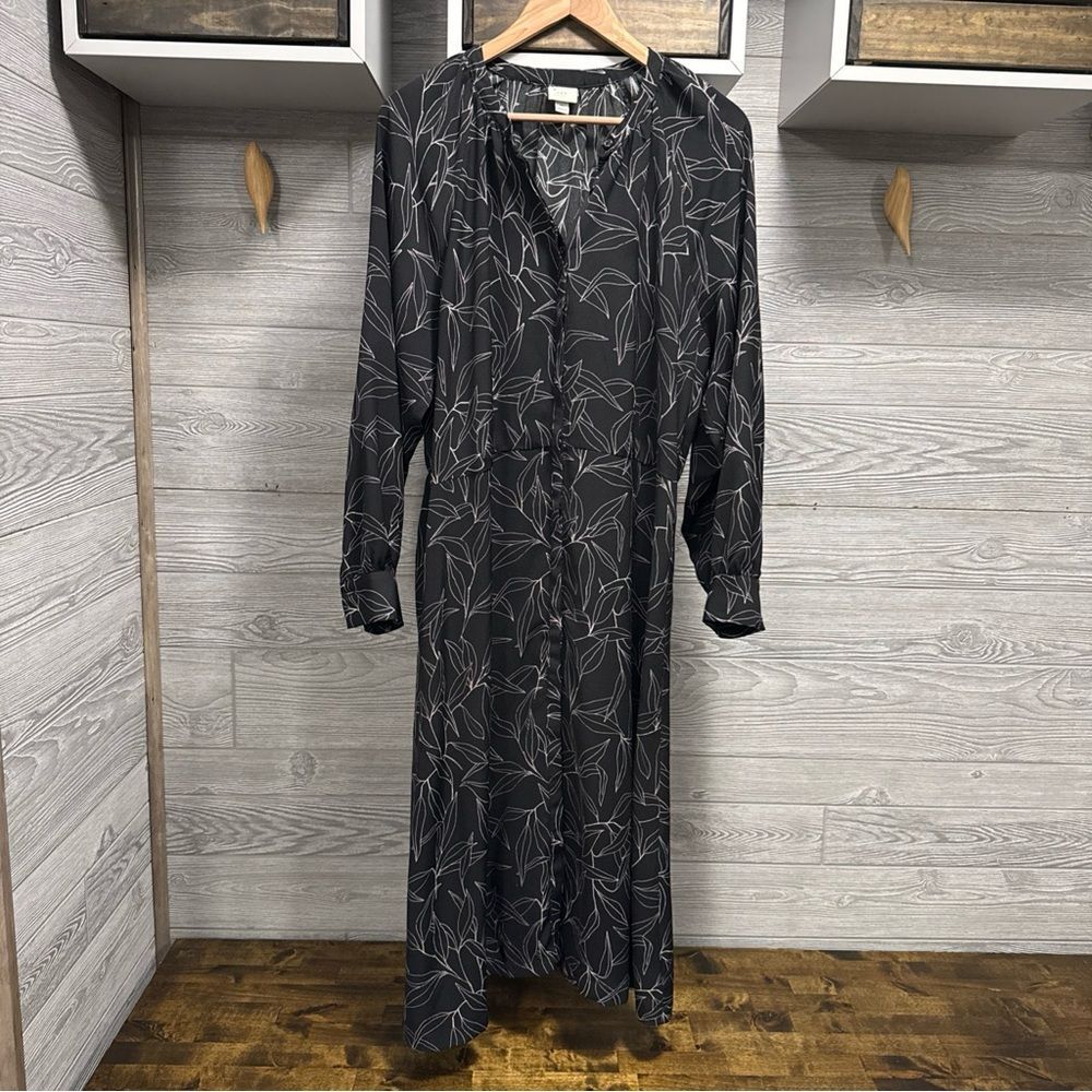 A New Day Black Floral Leaf Maxi Dress XL Button Long Sleeve Artsy Boho Witchy
